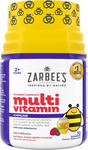 [BRSWGEAZPIFQAFLU] Zarbee’s Complete Kids Multivitamin Gummies + Immune Support, Berry Flavor, Honey-Sweetened, Gluten-Free & Gelatin-Free, Vitamins A, C, D3, E, B6, B12, Folic Acid & B-Complex, 70 Count