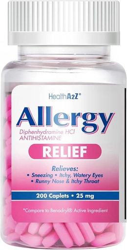 [BRSW2CYDDJ7QKCT2] HealtA2Z £Allergy Relief 126; Diphenhydramine HCL 25mg 124; Antihistamin 124; Relief dari Itchy Throat, Sneezing, Noses Runny 124; Indoor & Outdours Allergies (200 Caplets (Paket 1)