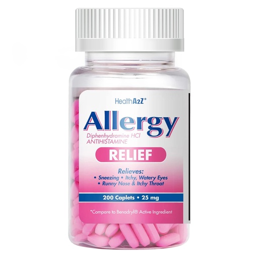 [BRSW2CYDDJ7QKCT2] HealthA2Z® Allergy Relief | Diphenhydramine HCL 25mg | Antihistamine | Relief from Itchy Throat, Sneezing, Runny Noses | Indoor & Outdoors Allergies (200 Caplets (Pack of 1))