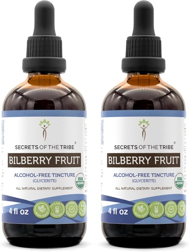 [BRSWGEABCUPB6HT6] Secrets of the Tribe Bilberry Fruit Alcohol-Free Liquid Extract, USDA Organic Bilberry (Vaccinium Myrtillus) Dried Fruit Tincture supplement (2x4 FL OZ)