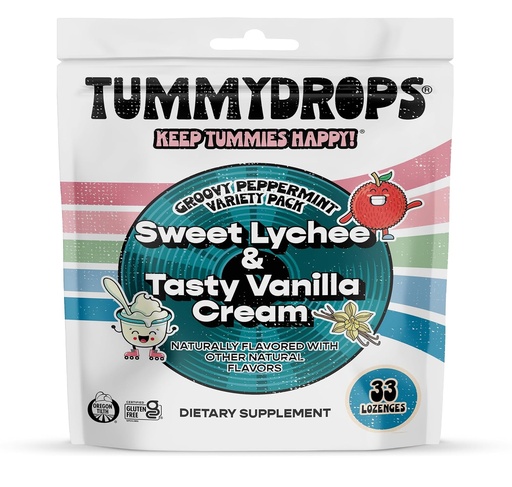 [BRSROAD7DIHAAE3P] Tummydrops Groovy Peppermint Pack (Mix of Lychee & Tasty Vanilla Cream). Gluten Free, Vegan, & Made With Organic Ingredients, 33 Individually Wrapped Assorted Peppermint Lozenges in a Resealable Bag.