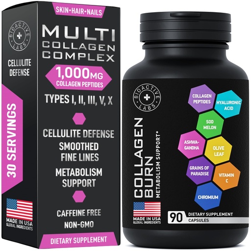 [BRSRMBAOAAPGAAL5] Multi Collagen Burn for Women & Men - 1,000mg Type I, II, III, V, X Hydrolyzed Collagen Peptides, Hyaluronic Acid, Vitamin C - Metabolism, Cellulite, Skin Elastisity Support - 90 Collagenic Burn Caps