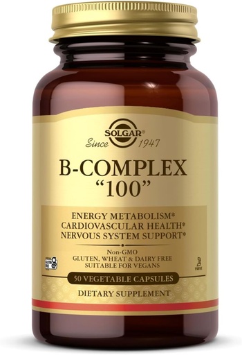 [BRSWIGT6BEMRCF3Y] Solgar B-Complex 100" - 50 Овочеві капсули - Енергетика Metabolism, Nervous System Support - Non-GMO, Vegan, Gluten Free - 50 Сервінги