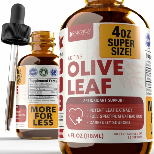 [BRSRAZLYB4OWGCIY] Rejuvica Health Active Olive Leaf 4oz XL Super Size Tincture - Advanced Olive Leaf Liquid Extract - Naturally Occurring Oleuropein - Immune & Heart Support Drops