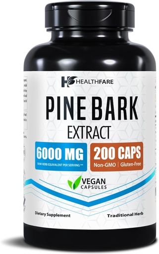 [BRSRMZLRPJ6BSFA2] Healthfare Pine Bark Extract 6000mg French Maritime | 200 Vegan Capsules | Standardized 95% OPC Proanthocyanidins | Antioxidant Herbal Supplement | Non-GMO, Gluten-Free | Made in USA