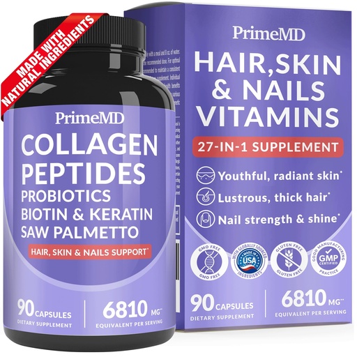 [BRSROCD5AENBOA34] 27-in-1 Hair Skin and Nails Vitamins (6810mg) with Biotin 10000mcg - Collagen Supplements for Men and Women - Keratin Supplements with Probiotics and Saw Palmetto, 90ct