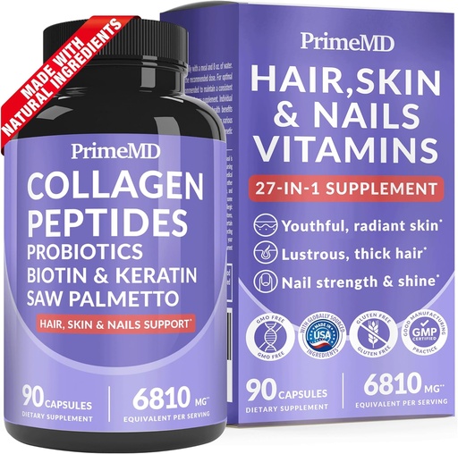 [BRSROCD5AENBOA34] 27-in-1 hiusten iho ja kynnet vitamiinit (6810mg) Biotiini 10000 mcg - Collagen täydentää miesten ja naisten - Keratin täydentää Probiootit ja Saw Palmetto, 90ct