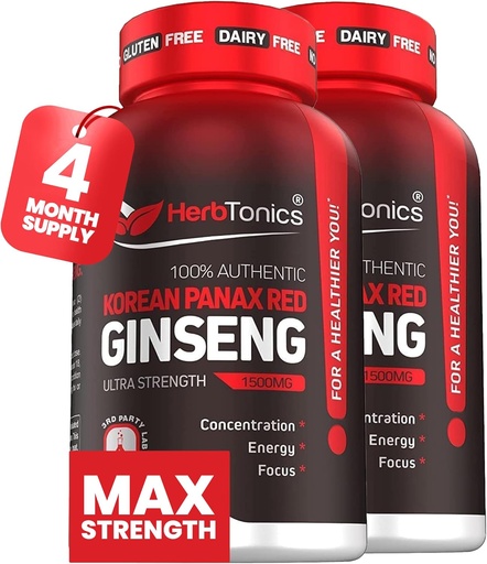 [BRSRMZDQDJYQGCLO] Herbtonics Korean Red Panax Ginseng 1500mg - Integratore energetico per prestazioni di picco, messa a fuoco e vitalità - Estratto di radice di Ginseng ad alta potenza - 240 capsule vegan