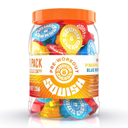 [BRSRA2T4BYJWKCA7] Squish Pre Workout Energy Shots, Beta-Alanine, Citrulline, Caffeine, L-Theanine, Alpha-GPC, Bitki əsaslı maddələr dəstəkləyir və işləyir, Blue Repsberry, Pineapple Press, PR Punch, 24 ct. Jar