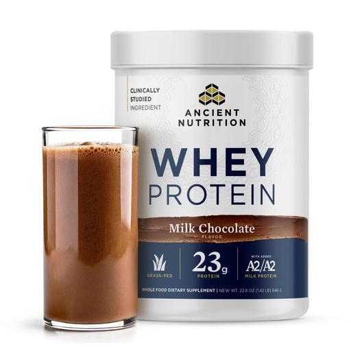 [BRSRAY3QBMDQOEQ3] Ancient Nutrition Grass Fed Whey Protein, Milk Chocolate, 23g Protein, 20 Servings, Hydrolyzed Collagen Peptides, Organic Regenerative A2/A2 Milk Protein