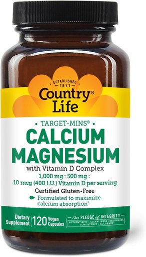 [BRSWIY3YOQJQAFYZ] Country Life Target-Mins Calcium Magnesium mit Vitamin D-Komplex, 1000mg/500mg/10mcg, 120 Vegan Kapseln, Certified Gluten Free, Certified Vegan, Verified Non-GMO Verified
