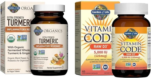 [BRSRAZYRDIMWKFLO] Garden of Life Turmeric Inflammatory Response & Vitamin D3 Raw Whole Food Supplements, 60 Tablets & 60 Capsules