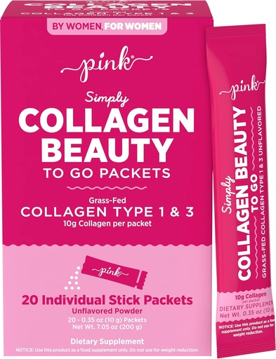 [BRSWYZT7OQPAO2Y2] PINK Collagen Powder to Go | 20 Travel Packets | Unflavored Powder Type 1 & 3 | Gluten Free & Non-GMO Grass Fed Peptides