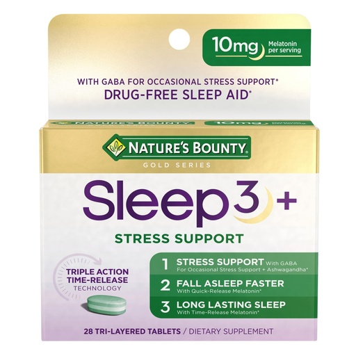 [BRSWYZYDAAJWMYLH] Nature's Bounty Sleep + Stress Support, Sleep3 Maximum Strength 100% Drug Free Sleep Aid, Dietary Supplement with Ashwagandha, Time Release Technology, 10mg, 28 Tri-Layered Tablets