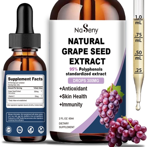 [BRSRAZTQAUIRACDK] Natural Grape Seed Extract Drops-300 mg Grape Seed Extract Liquid Supplement - Maximum Strength Vitis Vinifera Seed Tincture, Standardized to 95% Polyphenols, Non-GMO, Gluten Free (60ml)