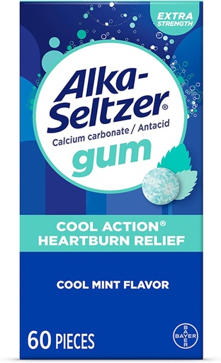 [BRSRAATYAB5G2DTV] Alka-Seltzer Cool Action Heartburn Relief Gum, Ekstra Kuvvet Antacid Gum, Acid Indigestion ve Upset Stomach Relief, No Chalky Taste, Cool Mint Flavor, 60 Count