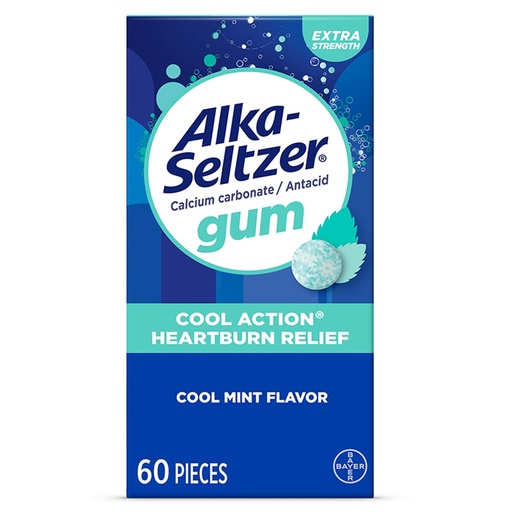 [BRSRAATYAB5G2DTV] Alka-Seltzer Cool Action Heartburn Relief Gum, Extra Strength Antacid Gum, Acid Indigestion and Upset Stomach Relief, No Chalky Taste, Cool Mint Flavor, 60 Count