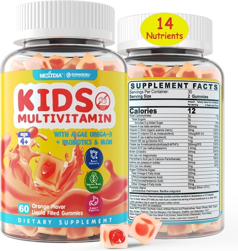 [BRSRAZD2OUORECTB] Gummies multivitamines pour enfants avec fer, sans sucre, Vitamines quotidiennes pour enfants + probiotiques, Algae Omega 3 (EPA/DHA), A, C, D, Méthyl B12, Folate, B6, Zinc, Biotine, pour une croissance saine, Soutien immunitaire, 60 Compte