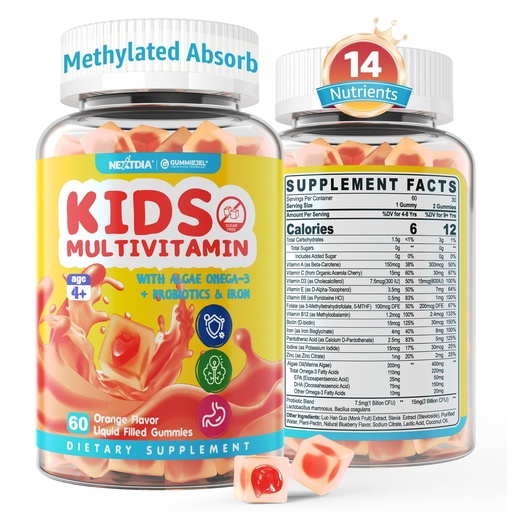 [BRSRAZD2OUORECTB] Kids Multivitamin Gummies with Iron, Sugar Free, Kids Daily Vitamins + Probiotics, Algae Omega 3 (EPA/DHA), A, C, D, Methyl B12, Folate, B6, Zinc, Biotin, for Healthy Growth, Immune Support, 60 Count