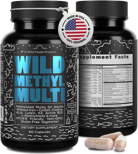 [BRSRA2YTCABBSGYV] Wild Methylated Multivitamin for Women & Men | Daily Multi Vitamin | MTHFR Supplement Without Iron | Methylated B12, Folate, Vitamin C, A, K2, D, E, Choline, Biotin, ALA, CoQ10 & More (60 Capsules)