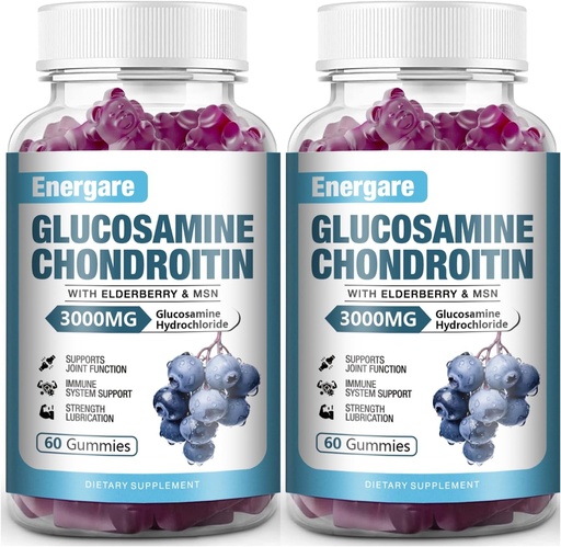 [BRSRAFL5OJ5GOFA3] 2 Pack 3000mg Glucosamin Chondroitin med MSM Gummies & Elderberry, Extra Strength Joint Support Health, Fleksibilitet, Antioxidant, immunsupplement Gummy til voksne, Mænd & Kvinder 120 Counts