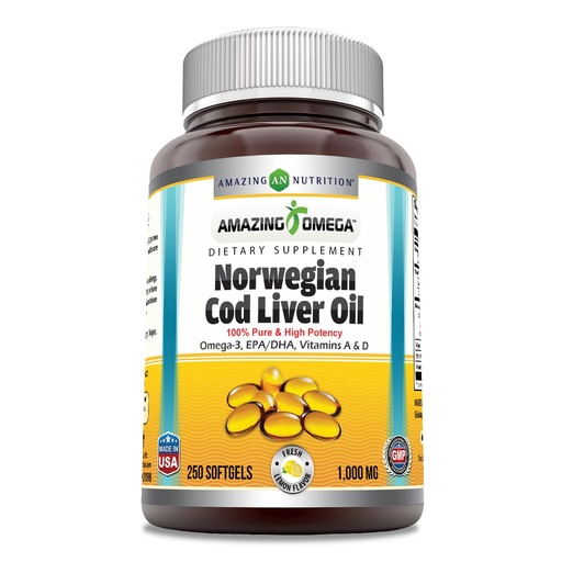 [BRSWIBA5DN5WEHA5] Amazing Omega Norwegian Cod Liver Oil 1000 Mg 250 Softgels | Lemon Flavor