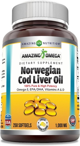 [BRSWIBA5DN5WEHA5] Omega Norvegiar Cod Liver Oil 1000 Mg 250 Softgels | Lemon Flavor