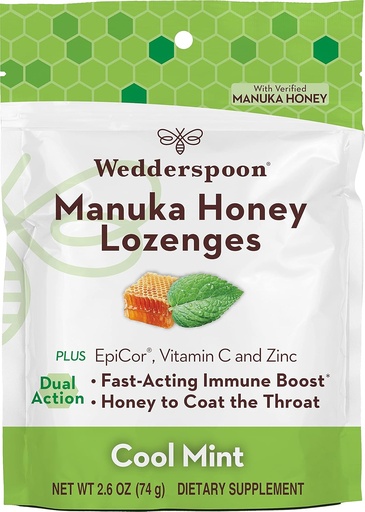 [BRSRMZI7DN5WYCTJ] Wedderspoon Manuka Honning Immunitet Lozenges, Cool Mint, 2.6 Oz (Pack of 1), Ekte New Zealand Honning, Økt immunitet innen to timer