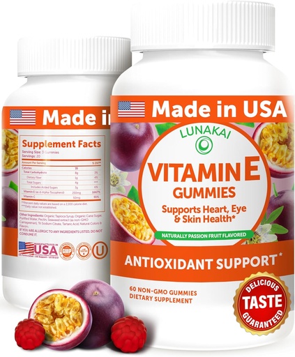 [BRSW2ZQHDIJWC236] Lunakai EE.UU. hizo vitamina E Gummies 400IU con vitamina C - Delicious, Vegan, Suplemento no OGM para el soporte diario de piel y ojo, 60ct