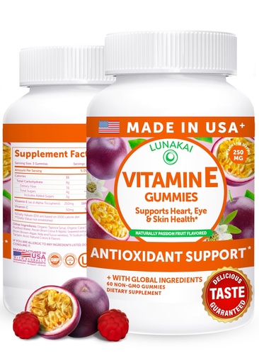 [BRSW2ZQHDIJWC236] Lunakai USA Made Vitamin E 400 IU Gummies with Vitamin C 50mg, for Eye, Immune & Skin Support - d-Alpha-Tocopherol for Adults, Women & Men, Non-GMO Vegan, 60 Daily VIT E Gummies