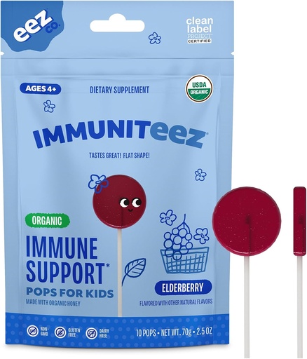 [BRSRMCT7CNYAMEQ4] Immuniteez Organic Elderberry Lollipops for Kids - Immune Support with Vitamin C, D, E, Zinc and Organic Honey - Gluten Free Kids Vitamins - 10 Count Bag