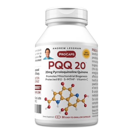 [BRSWGZQ2CUDQIYI3] ANDREW LESSMAN PQQ 20mg - 30 Capsules - 20mg Pyrroloquinoline Quinone, Natural Protective Compound Supports Vital Organs, Heart, Brain, Liver, Immune System. Mitochondrial Biogenesis, No Additives