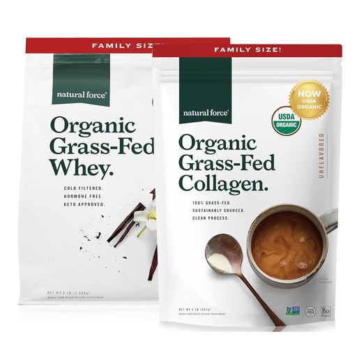 [BRSRABIZPIPQAELG] Natural Force Grass Fed Organic Whey Protein Powder Vanilla Flavor 5 lb Organic Clean Collagen Peptides Powder Unflavored, 32oz