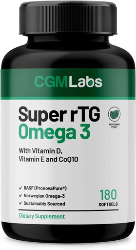 [BRSROEAOBZ5WC23L] rTG Omega 3 Norwegian Fish Oil with CoQ10 Dietary Supplement- Heart Health & Antioxidant Support with Vitamins D & E – 2000 mg Sustainably Sourced – Super rTG Omega 3, 180 Softgels by CGM Labs