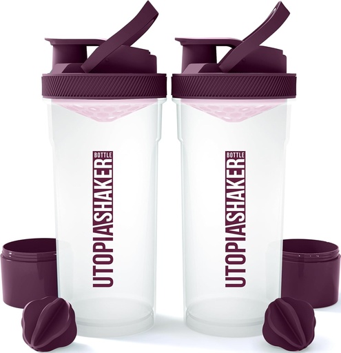 [BRSWYFIPAEIRGCTU] Utopia Home Shaker Bottle 2 Pack - 24 Once Plástico Protein ou Cocktail Shaker Garrafa para treino pré e pós com Twist & Lock Protein Box Armazenamento (Limpar / Alum)