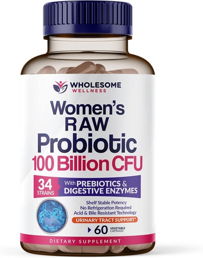 [BRSWYZQQDEJWCAAU] Wholesome Wellness Dr. Formulated Raw Probiotics for Women 100 Billion CFUs Capsules with Prebiotics, Digestive Enzymes, Approved for Adults, Shelf Stable Supplement