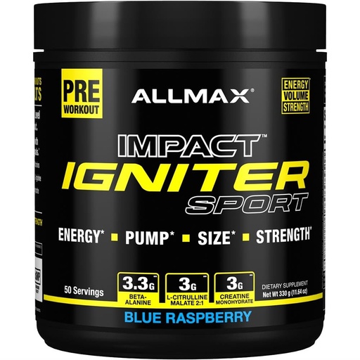 [BRSW2ZD5BMHQY33K] ALLMAX IGNITER Sport, Blue Raspberry - 330 g - Pre-Workout Formula - with Caffeine, L-Citrulline, L-Arginine, Creatine & Beta Alanine - Up to 50 Servings