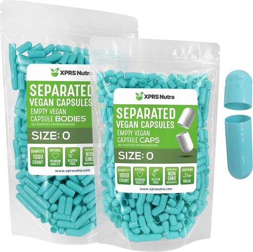 [BRSW2AIHDEDRYAYY] XPRS Nutra Vegan Size 0 Separated Capsules - 1000 Count Premium Empty Capsules Separated in Bags - Pills 0 for DIY Supplement Filling (Aqua)