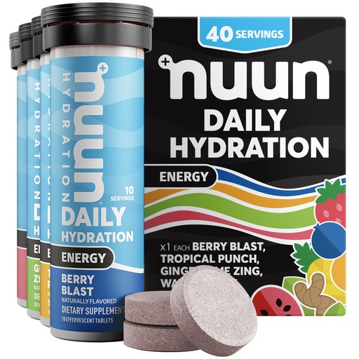 [BRSWYBIHCJ5WK2Q4] Nuun Energy Electrolyte Tablets with Ginseng, Caffeine from Green Tea Extract, Vitamin B12, B6, B5, Magnesium & 4 Other Electrolytes, Gluten Free & Vegan, Mixed Flavors, 4 Pack (40 Servings Total)
