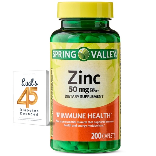 [BRSROZY6OQOWMCY7] Spring Valley Zinc 50 mg, 200 Count, Dietary Supplement Caplets for Immune Health, Zinc Immune Supplements, Bundle with Lual's 45 Diabetes Decoded