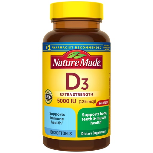 [BRSWI2QOABYAA33M] Nature Made Vitamin D3 5000 IU (125 mcg) Softgels, Extra Strength Vitamin D Supplement for Bone and Immune Health Support, 180 Count, 180 Day Supply