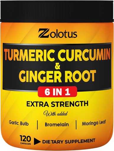 [BRSRMBALAQNAGEIV] 6 em 1 Cápsulas de Curcumina Turmérica + Ginger, 95% Curcuminóides com Ginger, Bolbo de Alho, Bromelaína, Moringa, Pimenta Preta - 120 Cápsulas