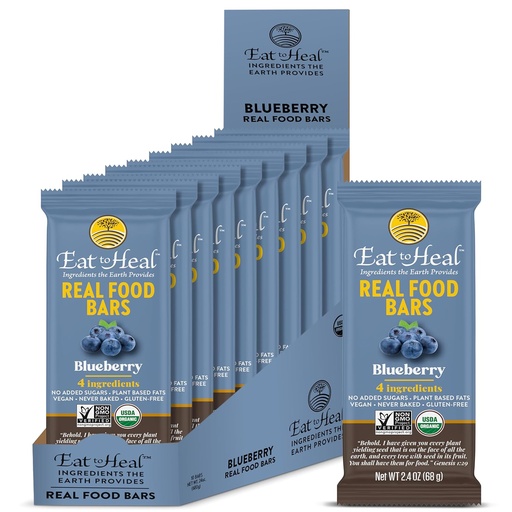[BRSROGQBAEIA233H] EatToHeal Blueberry Real Food Bar - Organic Protein Bars, Vegan Food, Healthy Gluten Free Protein Food - Low Sugar Protein Bars, Non GMO, Never Baked, Plant Based Organic Snacks - Crafted to Enjoy