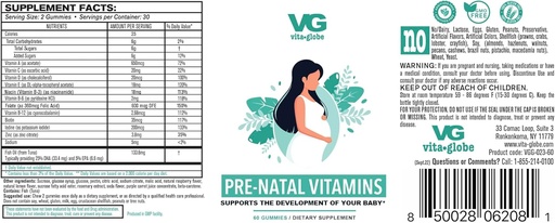 [BRSW2A35DICQIGY6] VITA GLOBE Prenatale visolie Gummy Vitaminen - Vrouwen Multivitamine voor gezonde groei en hersenontwikkeling met vitamine A, D E, B6, Folaat en Biotine, 60 Tellen