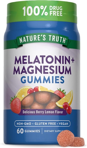 [BRSROBI2AEMGCETH] Nature's Truth Melatonin with Magnesium Gummies | 60 Count | Berry Lemon Flavor | Vegan, Non-GMO & Gluten Free Supplement