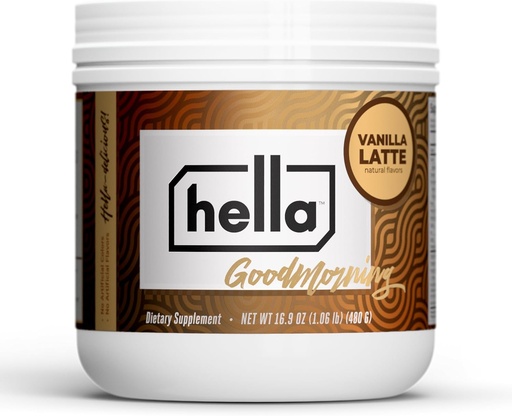 [BRSRAZYYA4CRG2YY] Hella Nutrition Goodmorning Coffee Alternative Natural Caffeine with Mushroom Coffee Substitute | Protein, Collagen, Vitamins B-12 & D, Electrolytes, & Minerals | Non GMO (20 Servings, Vanilla Latte)