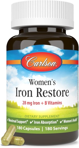 [BRSWG2Q6BEHAACYU] Carlson - Women's Iron Restore, 28 mg Iron + B Vitamins, Menstrual Support, Iron Absorption & Women's Health, 180 Capsules