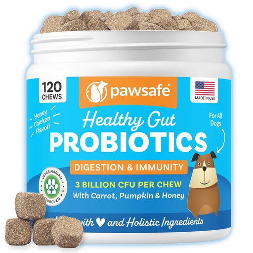 [BRSROHA7BN5WG33F] PawSafe® Dog Probiotics Soft Chews for Picky Eaters - USA Made, 120 Count - Digestive & Gut Health, Diarrhea, Gas Relief, Allergy & Itchy Skin Support - Natural with Pumpkin - Honey Chicken Flavor