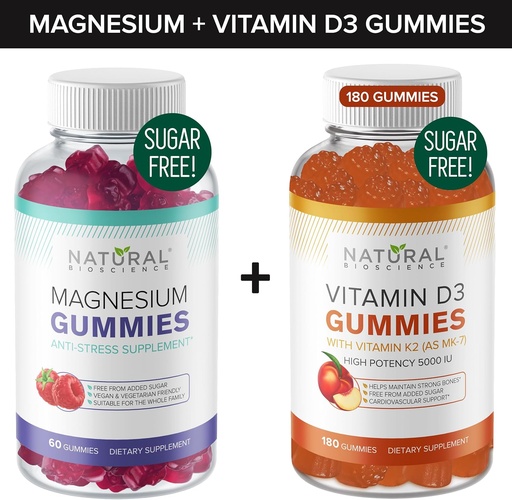 [BRSW2CQPAUIQYHLZ] Sugar-Free Magnesium Gummies (60 Gummies) & Sugar-Free Vitamin D Gummies (180 Gummies) – Immune Support & Calmness Value Bundle, Gelatin-Free, Gluten-Free, Vegetarian, All Natural, GMO-Free, Kosher
