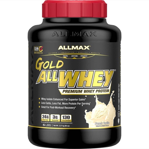 [BRSWIYYMOMHR6EQ5] ALLMAX Gold ALLWHEY Whey Protein Powder, French Vanilla, 5 lb, 24g Protein Per Scoop, High Protein for Muscle Recovery, Lean Muscle Growth & Post Workout Nutrition, Gluten Free, 71 Servings